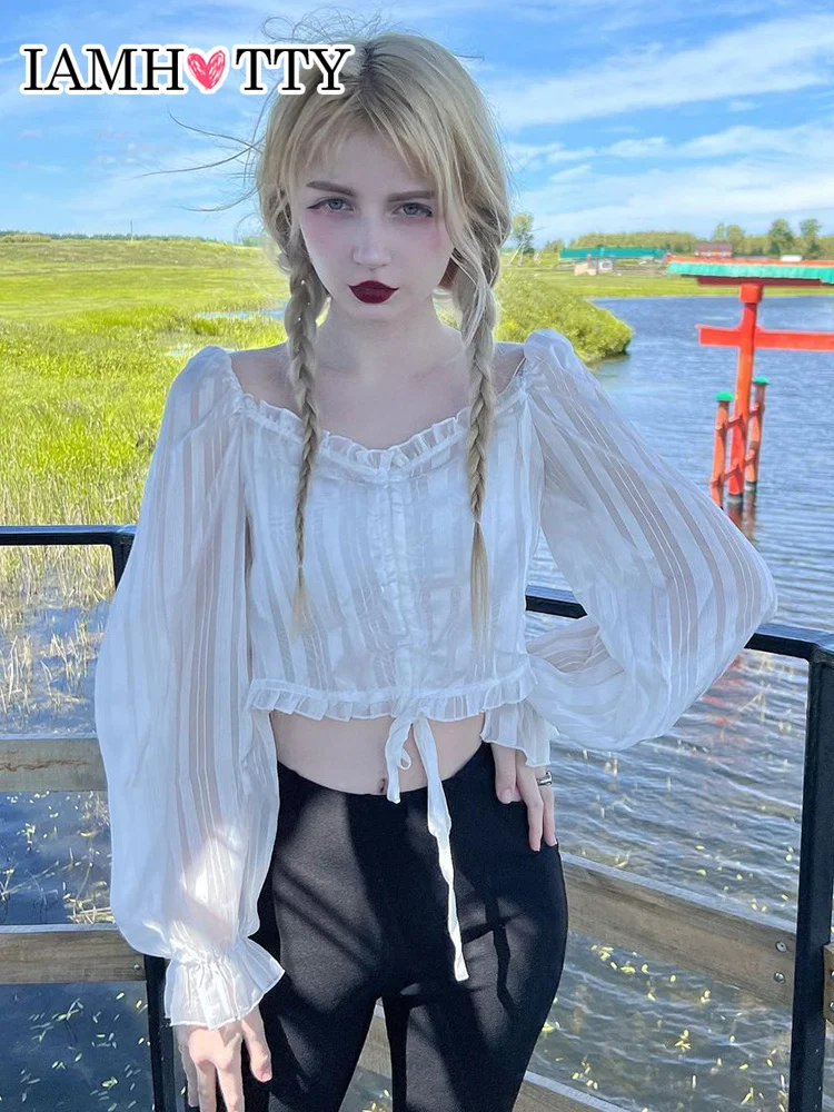 

Женский прозрачный укороченный топ IAMHOTTY с оборками и длинным рукавом с буфами и V-образным вырезом, повседневные Элегантные модные пуловеры...