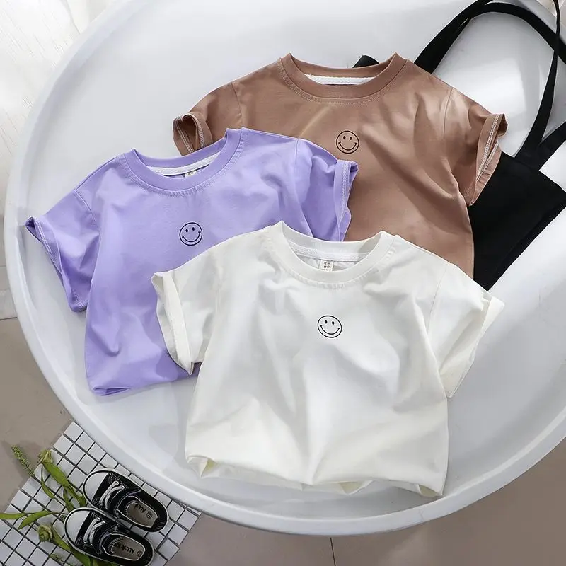 

Children's summer cotton short-sleeved T-shirt boy baby smiley little white T breathable solid color top girl children's wear