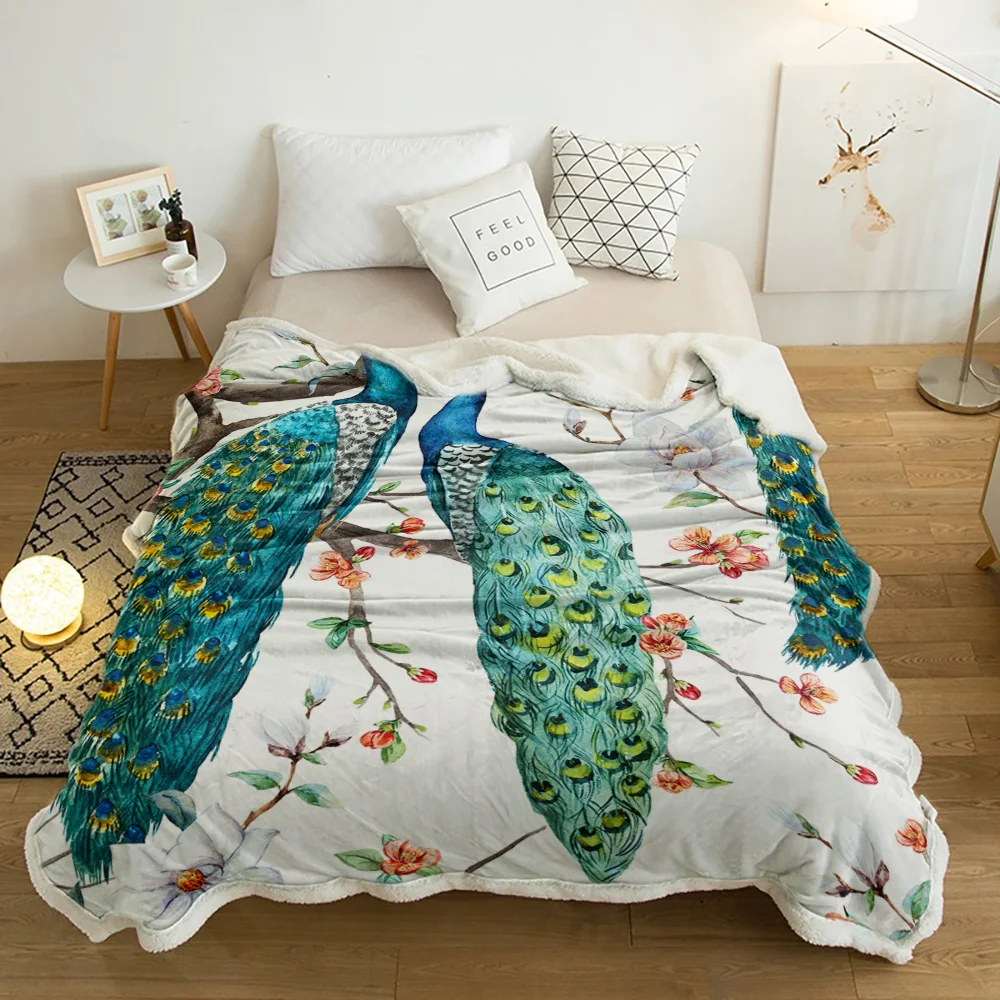 

Three Peacocks Standing On A Branch Lamb Cashmere Fleece Blanket Home Bed Sofa Winter Sherpa Bedding Kids Thick Bedspread