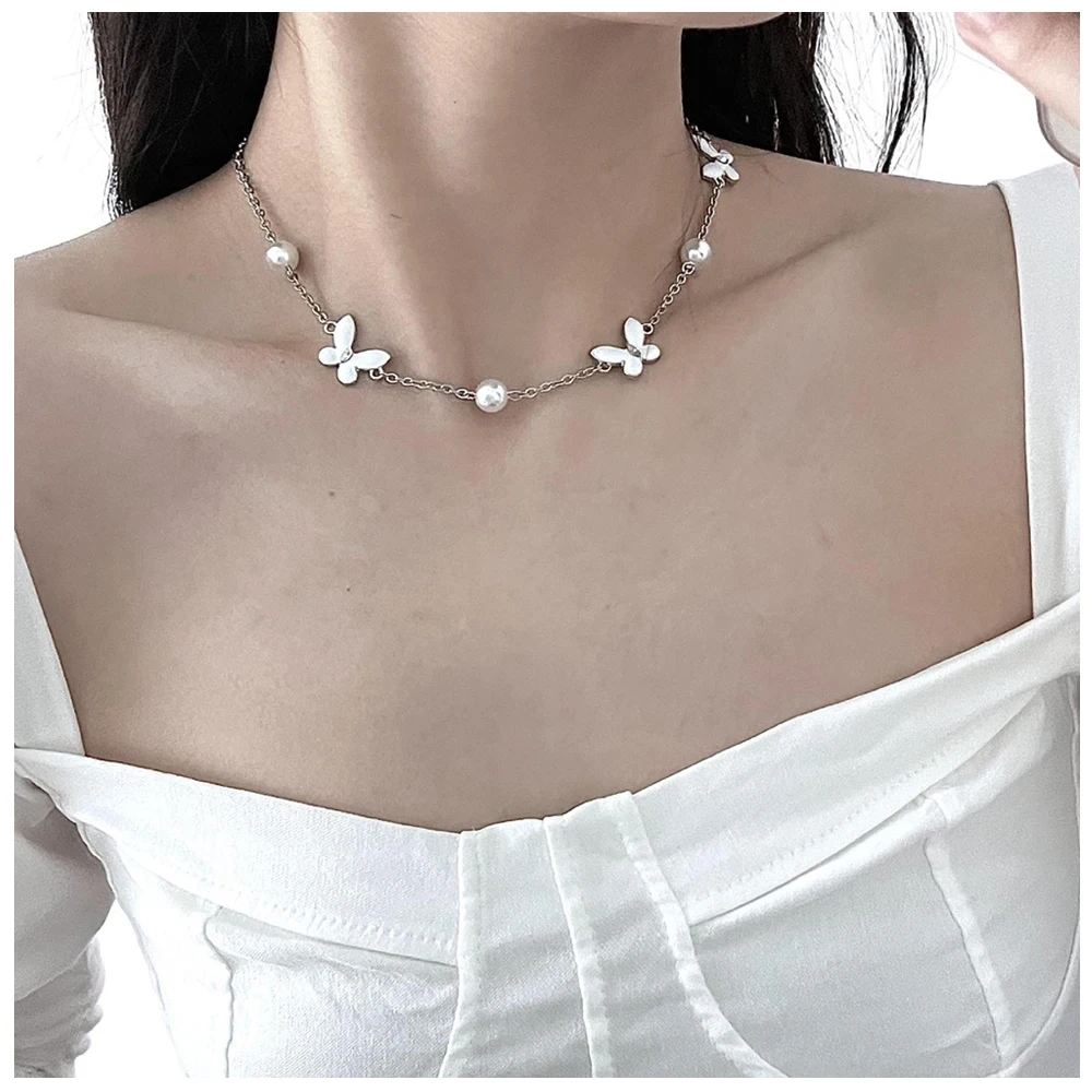 

Fashion Pearl Necklace for Women Silver Plated White Butterfly Clavicle Chain Charm Girl NeckChain Party Jewelry Friendship Gift