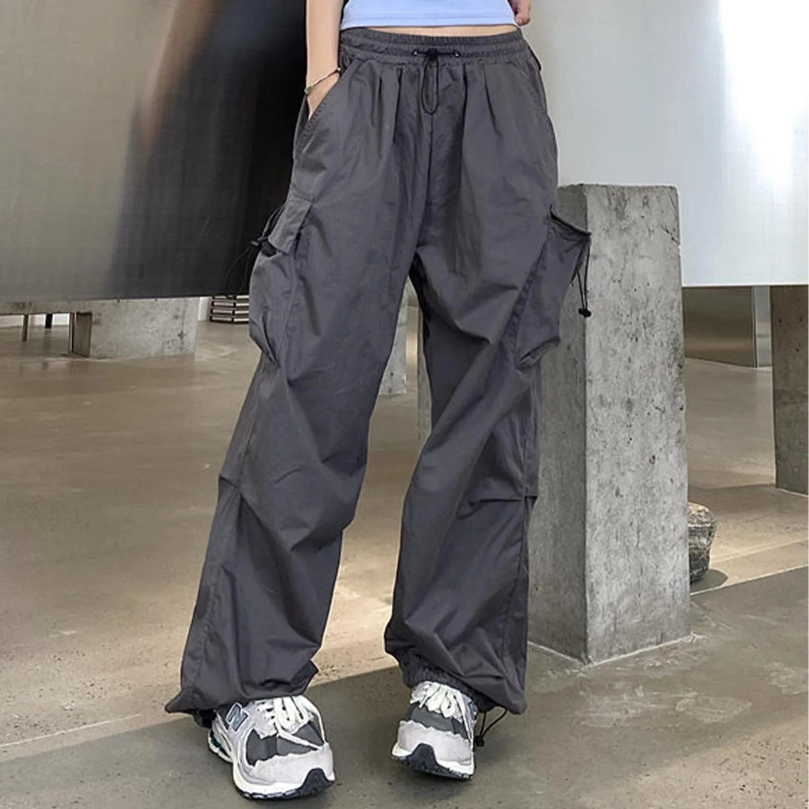 

Womens Baggy Cargo Pants White Grey Joggers Sweatpants Y2k Drawstring Wide Leg Trousers Korean Jogging Pantalones Female