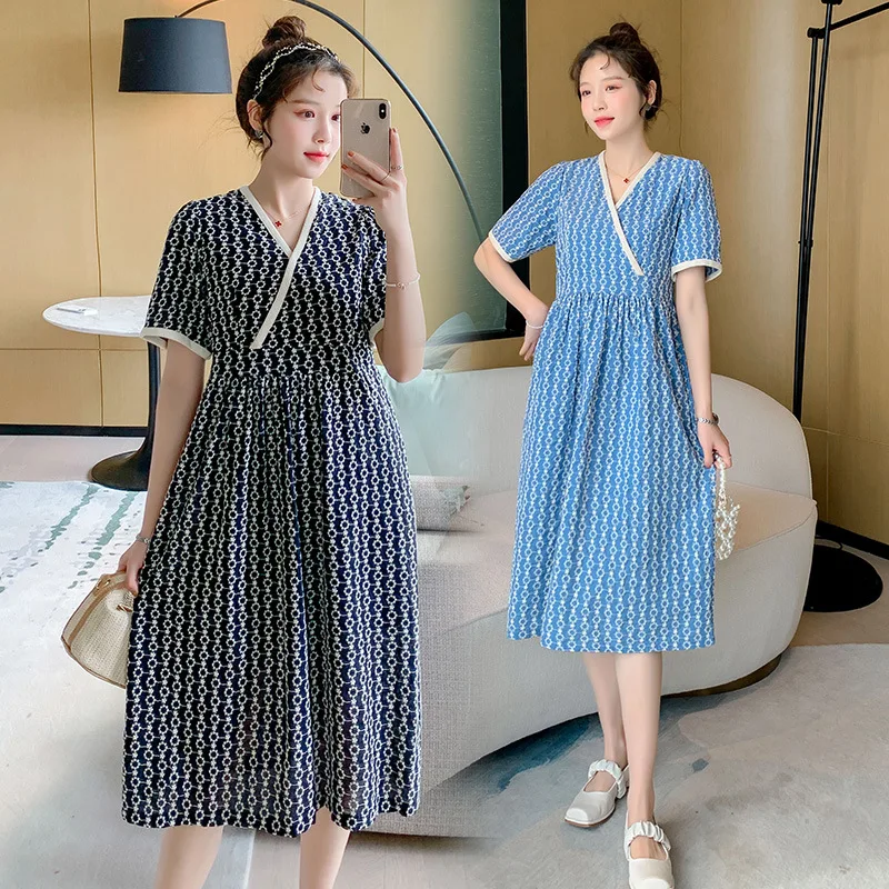 

Maternity Clothes Summer Embroidered Short Sleeve Stylish Dress for Pregnant Women Korean V-neck Pregnancy Dresses