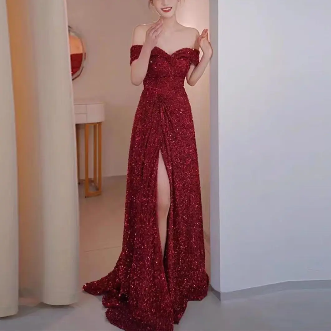 

Evening Dress Prom Dress Special Occasion Red Slot-neck Sequin Split Elegant 2023 Custom Dress Vestidos De Graduación