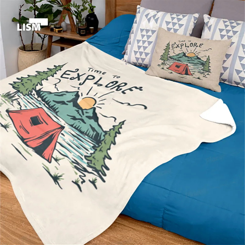 

Plush Throw Soft Blanket Flannel Summer Happy Camper Korea Beige Gift Set Tapestry Cover Fluffy Couch Decoration Nap Foot Warm