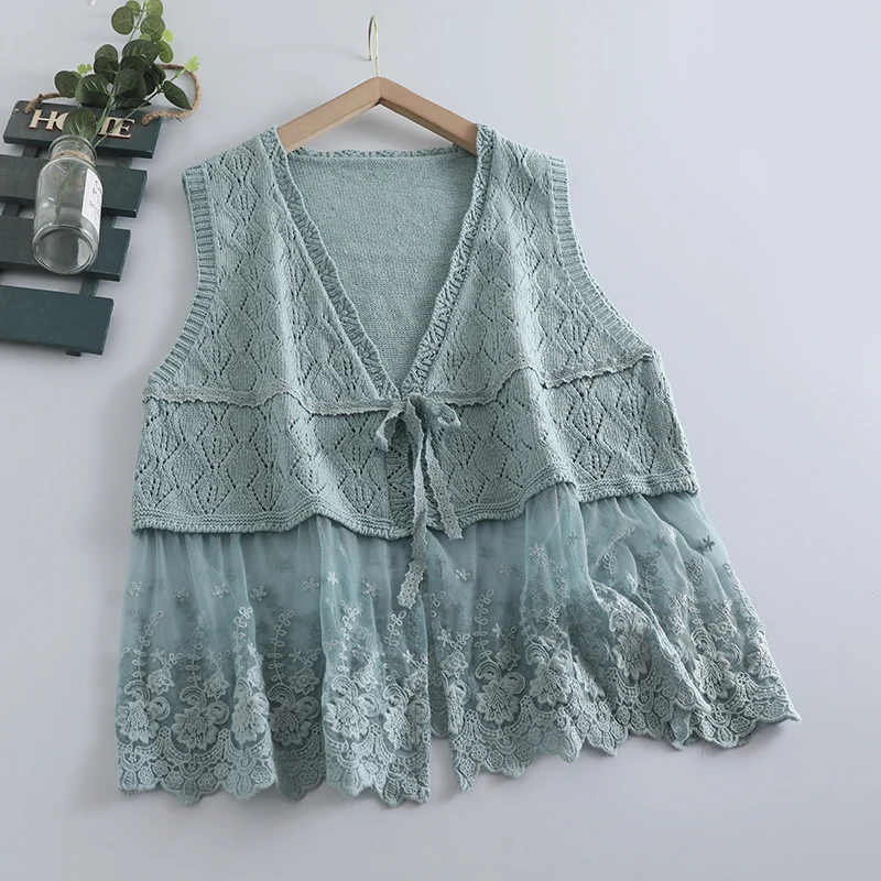 

Early Autumn Solid Color Mesh Embroidered Sweater Vest Women Sleeveless Tops