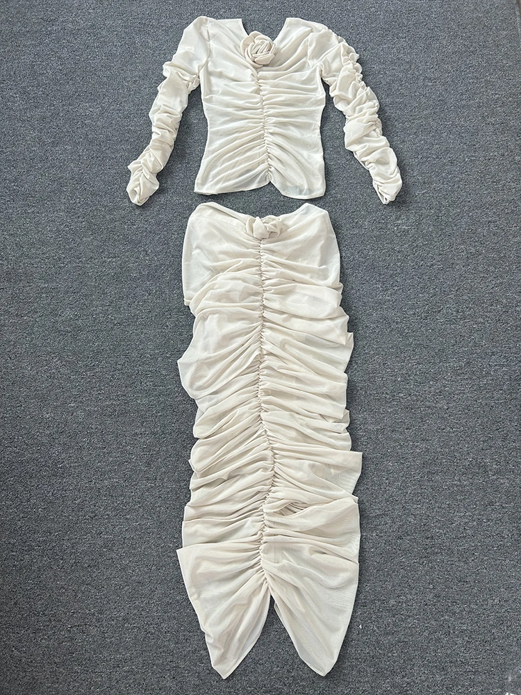 Ins Hot WomenSexy с длинным рукавом и кружевной сеткой телесного цвета юбкой