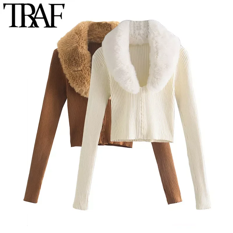 

TRAF Women Fashion With Tie Faux Fur Collar Knit Cardigan Sweater Vintage Long Sleeve Fitted Female Outerwear Chic Tops