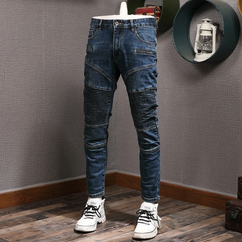 Fashion Streetwear Men Jeans Retro Blue Stretch Spliced Designer Biker Jeans Homme Hip Hop Pants Men Slim Vintage Punk Trousers