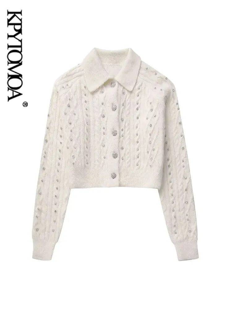 

KPYTOMOA-Women's Rhinestone Beading Cropped Knit Cardigan, Long Sleeve Sweater, Button-up Female Outerwear, Chic Tops, Fashion