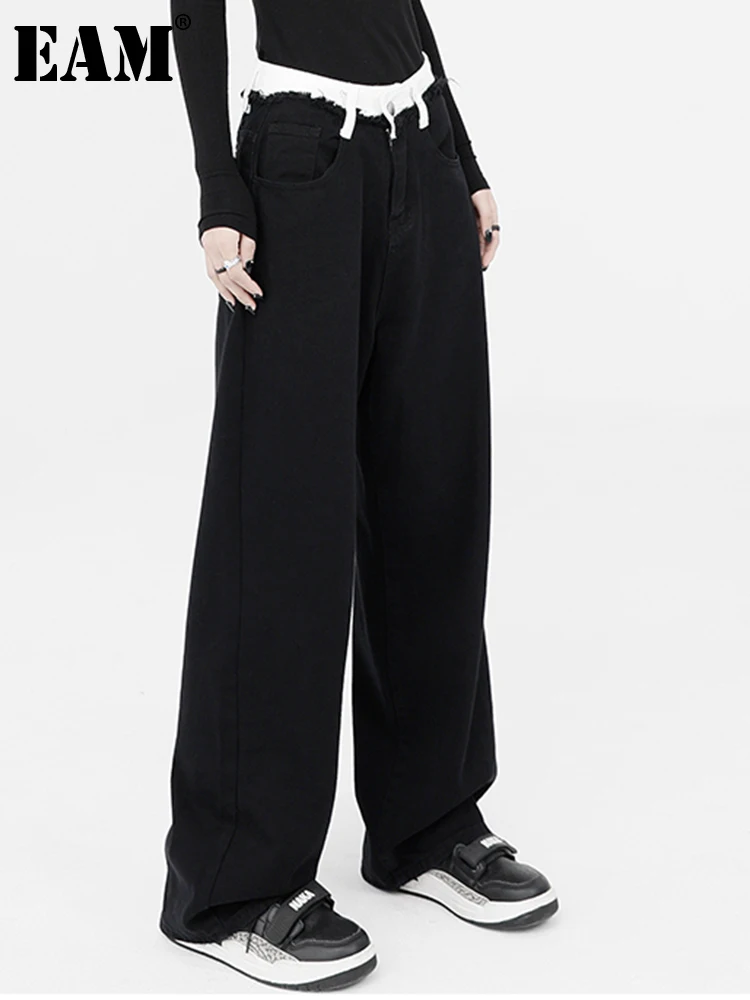 

[EAM] High Elastic Waist Burr Color-block Long Wide Leg Trousers New Loose Fit Pants Women Fashion Spring Autumn 2022 1DE6827