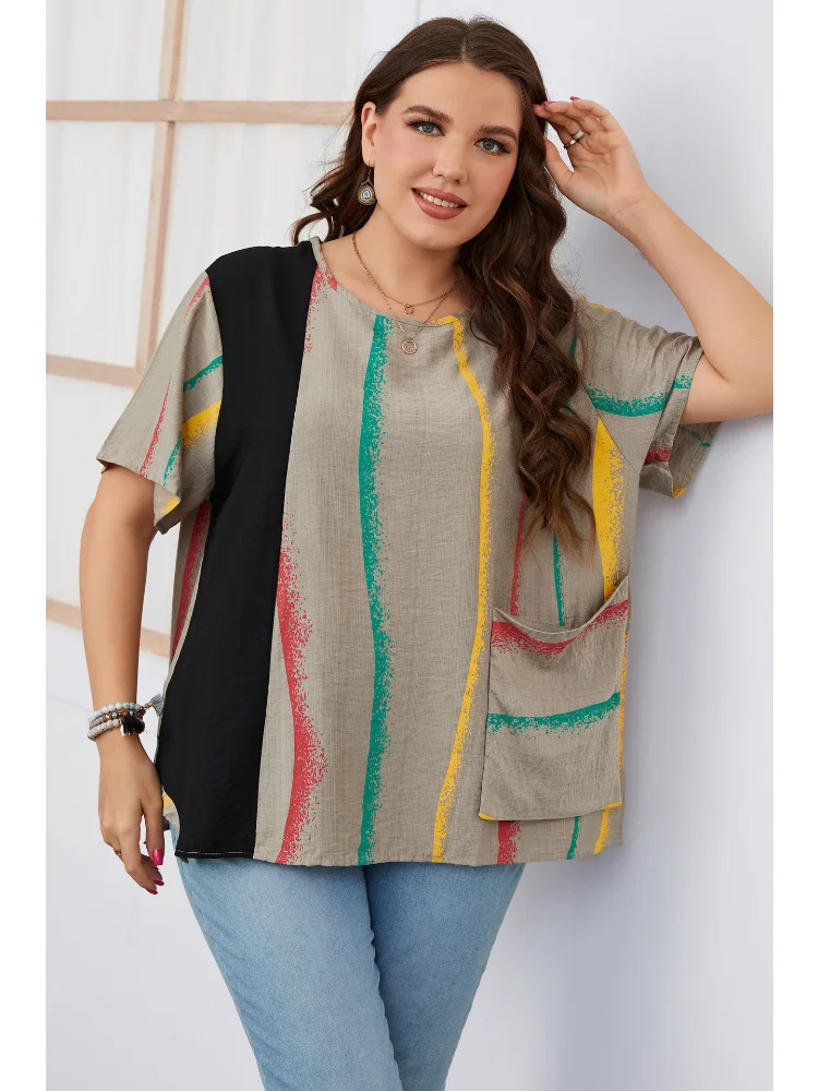 Summer Stripe Contrast Plus Size Women's Shirt Round Neck Women's Dress women tops and bloues  t-shirts