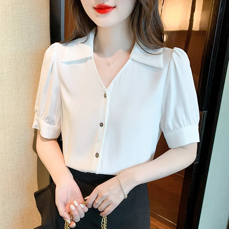

Chiffon White Shirts Women Tops V-Neck Short Sleeve Summer Season Office Lady Thin Puff Sleeve Women-Blouses Shirt For Woman