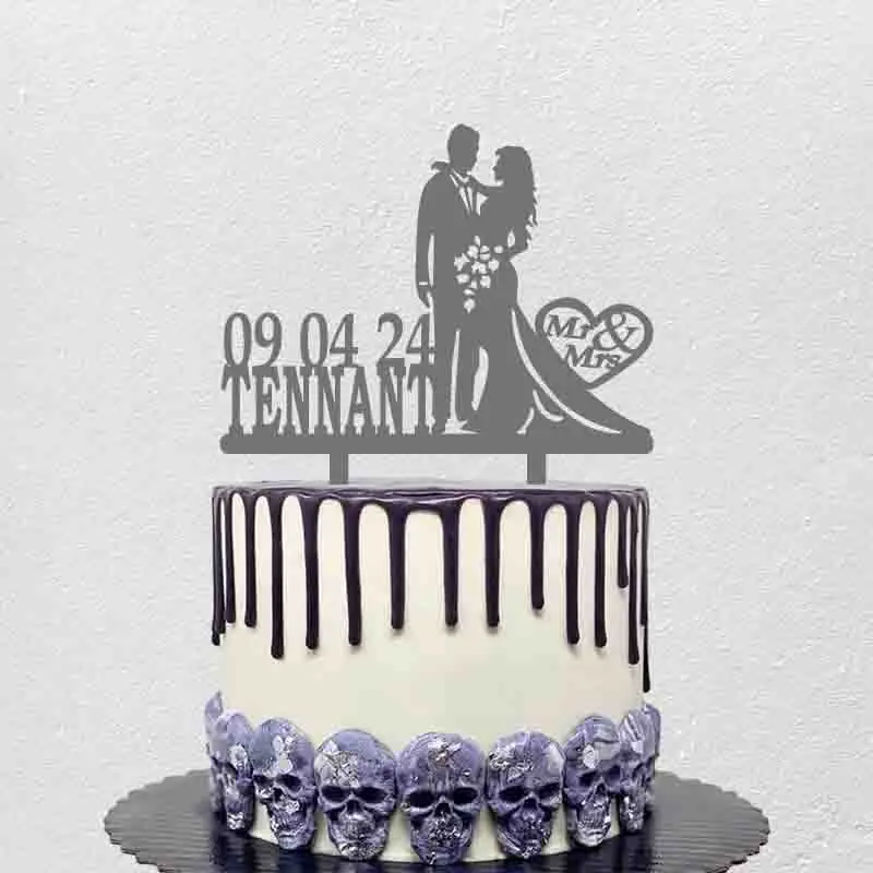 

Personalized Mr and Mrs Last Name Wedding Date Groom and Bride Silhouette Wedding Cake Topper