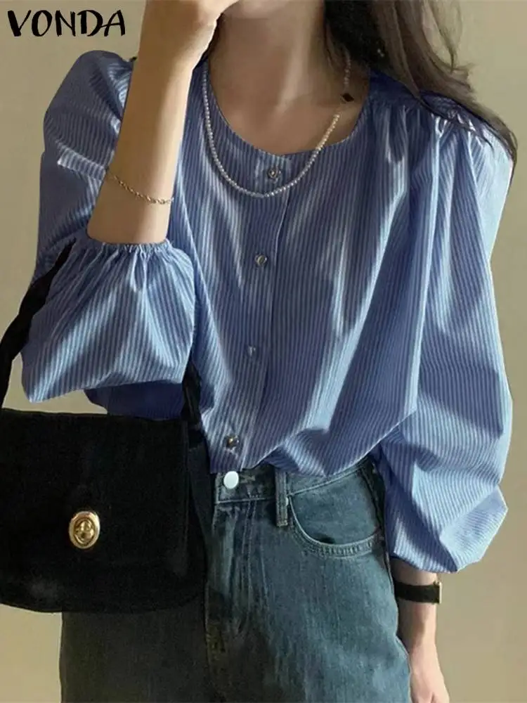 

Elegant Striped Tops Fashion Women Shirts Long Sleeve Round Neck Buttons Autumn Blouse 2023 VONDA Casual Loose Blusas Streetwear