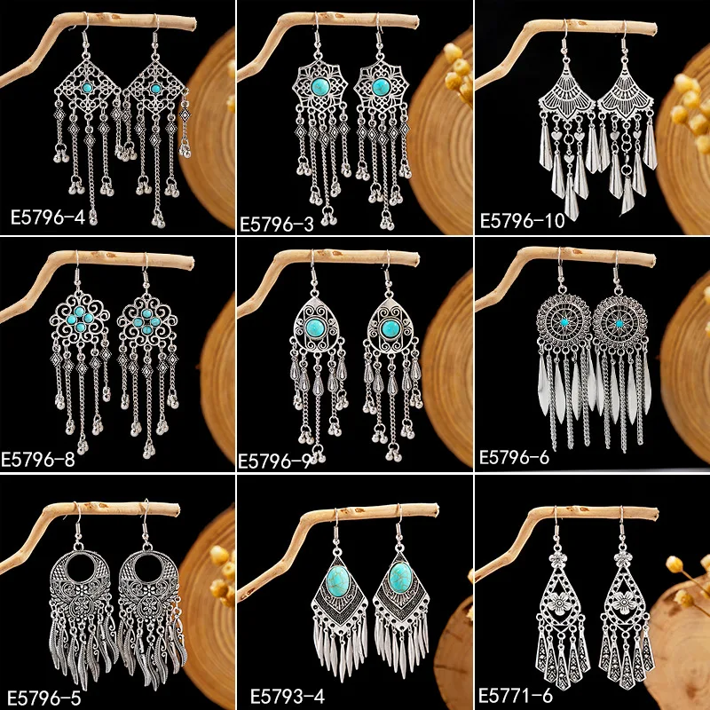 

Bohemian Vintage Tibetan Silver Color Geometric Drop Earrings For Women Ethnic Blue Stone Tassel Dangle Earrings Jewelry