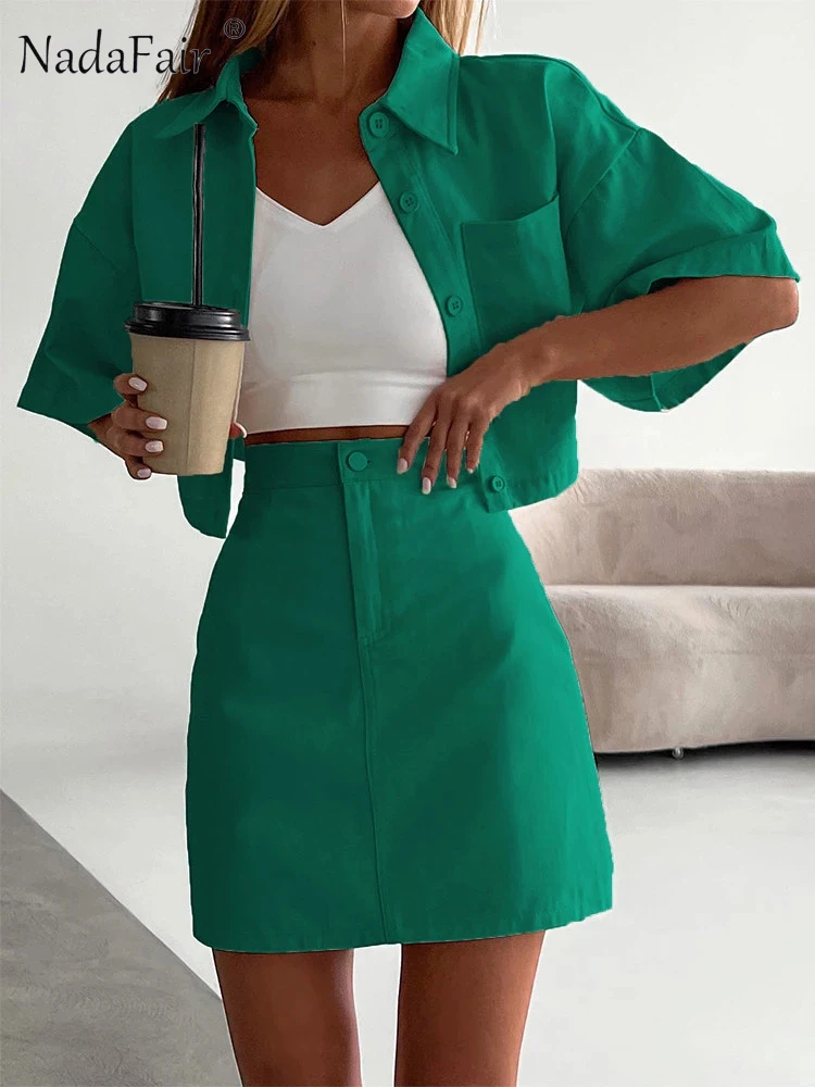 

Nadafair, короткий рукав, отворот, зеленый укороченный топ, рубашка, мини, Офисная Женская юбка, лето-осень, Женский комплект из двух предметов, уличный повседневный костюм
