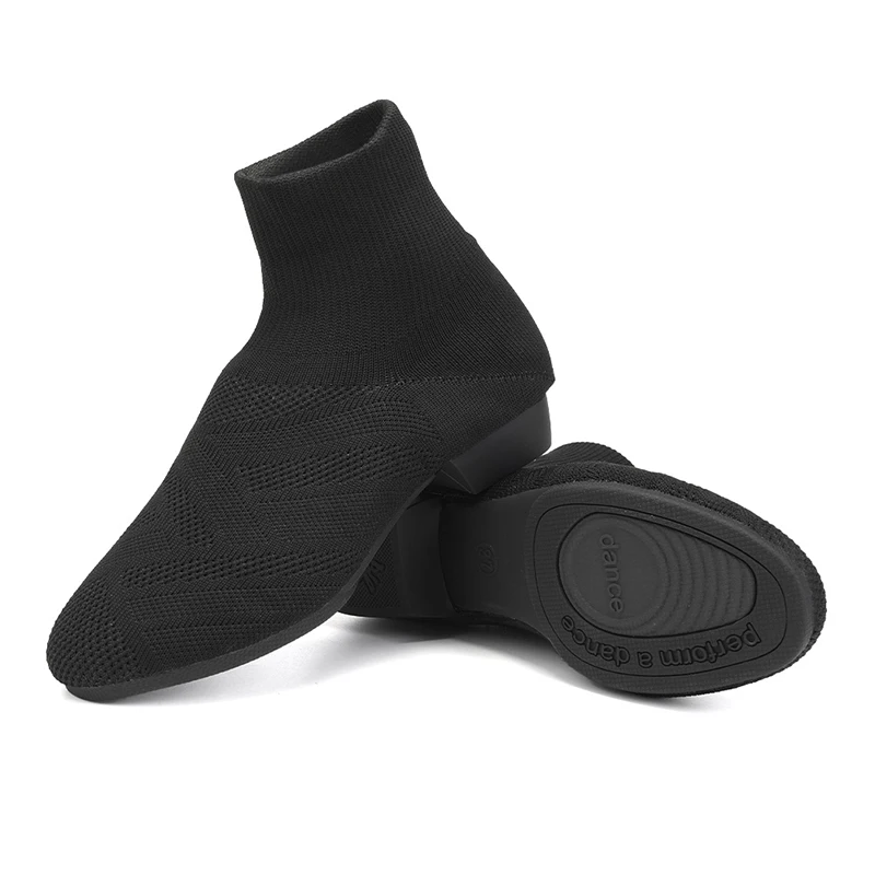 RUYBOZRY Knitted Jazz Dance Shoes Tan Black Adult Dance Sneakers Light Weight Slip On Sports Boot Breathable Modern Booties