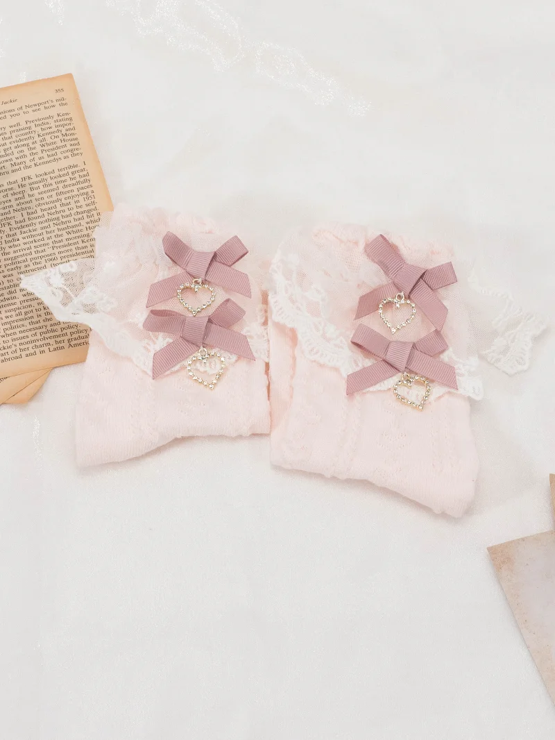 Japanese Style Maiden Lace Heart-Shaped Bow Leg-Shaping Girl Socks Mass-Produced Lolita Mid-Calf Socks Sweet and Cute Stocking