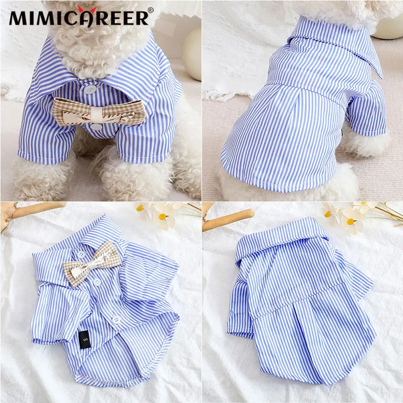 

Dogs Striped Shirt Cute Casual Summer Thin Comfortable Breathable Dog Clothing Puppy Blue Black T-shirt Lapel Tie Pet Costume
