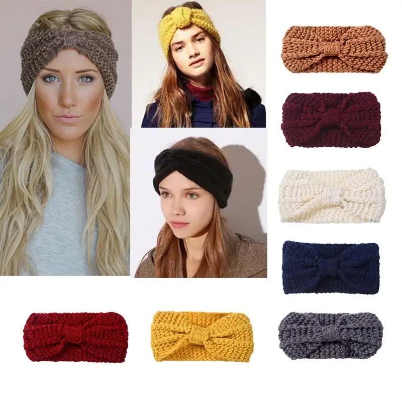 

Knit Wool Headband Fashion Girl Warm Woolen Crochet Turban Handmade Bow Knot Wide Head Wrap