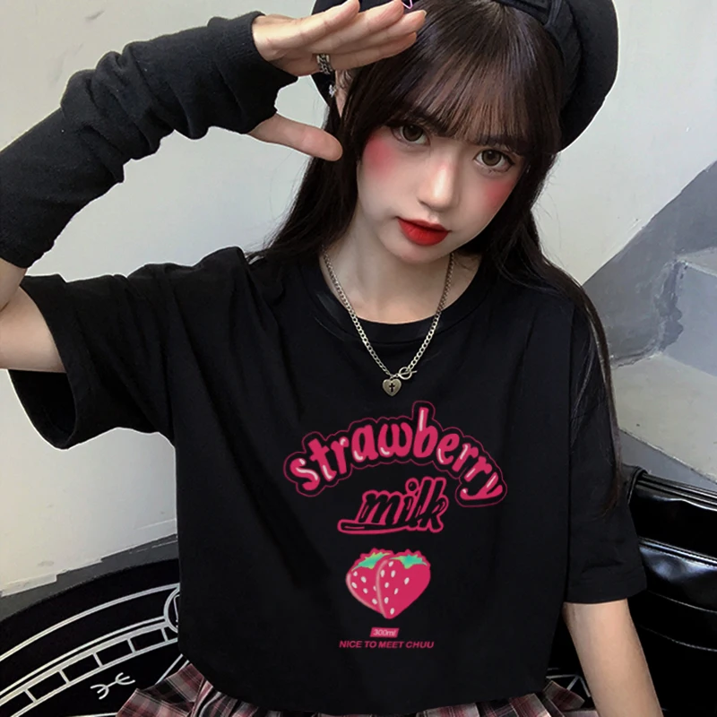 

Women's T Shirt Japan Cute Strawberry Milk Cartoon Sweet Girls Tops Summer Punk Streetwear Casual Kawaii Oversized T-shirt