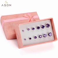 asonsteel romantic jewelry box gift pink color square cubic zironia stainless steel anti allergy 6pairs earring sets ladies gift