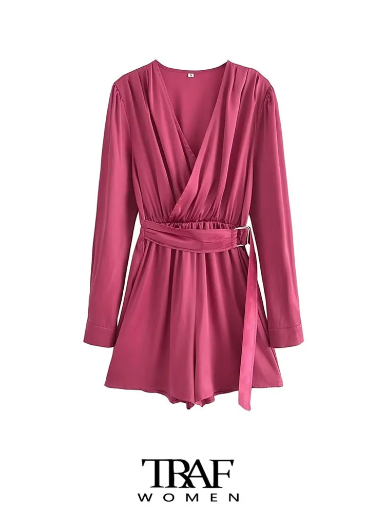 

TRAF Women Fashion With Belt Pleated Satin Playsuits Vintage Long Sleeve Elastic Waist Female Jumpsuits Mujer