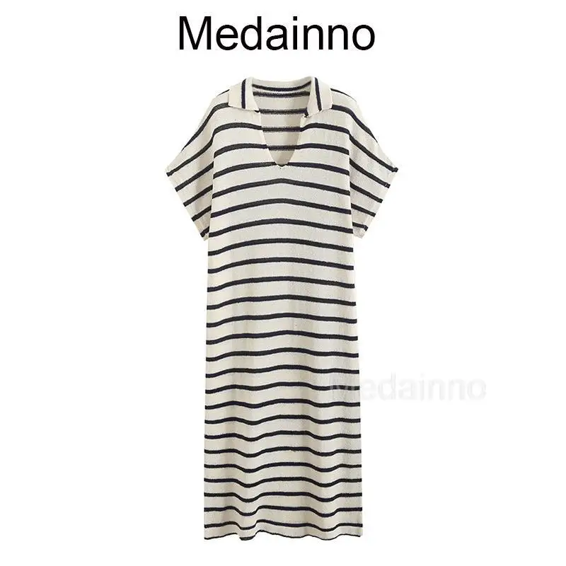 

Medainno 2023New Fashion Spring Summer Short Sleeve Knitted Striped Printed Polo Dresses Simple Casual Long Dresses Female Chic