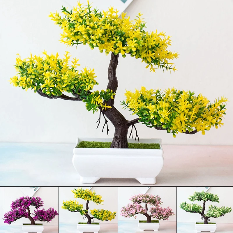 

1PCS Fake Artificial Pot Pink/White/Plum/Yellow Plant Bonsai Potted Simulation Pine Tree Home Decoration Cabinets 2023 NEW