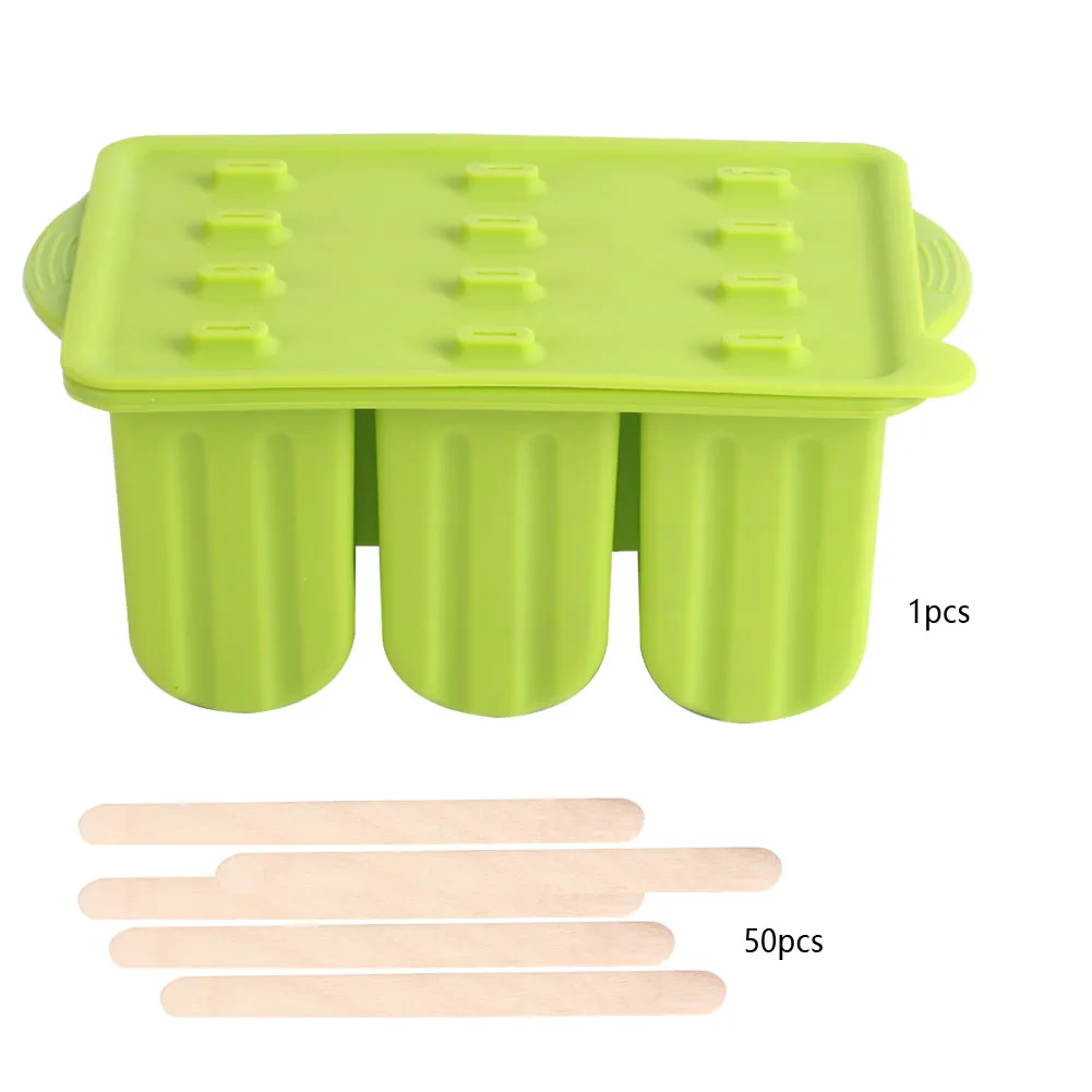 

12-Grids Food Grade Silicone Ice Cream Mold Maker Making Tool with Cover and Ice Cream SticksGreen