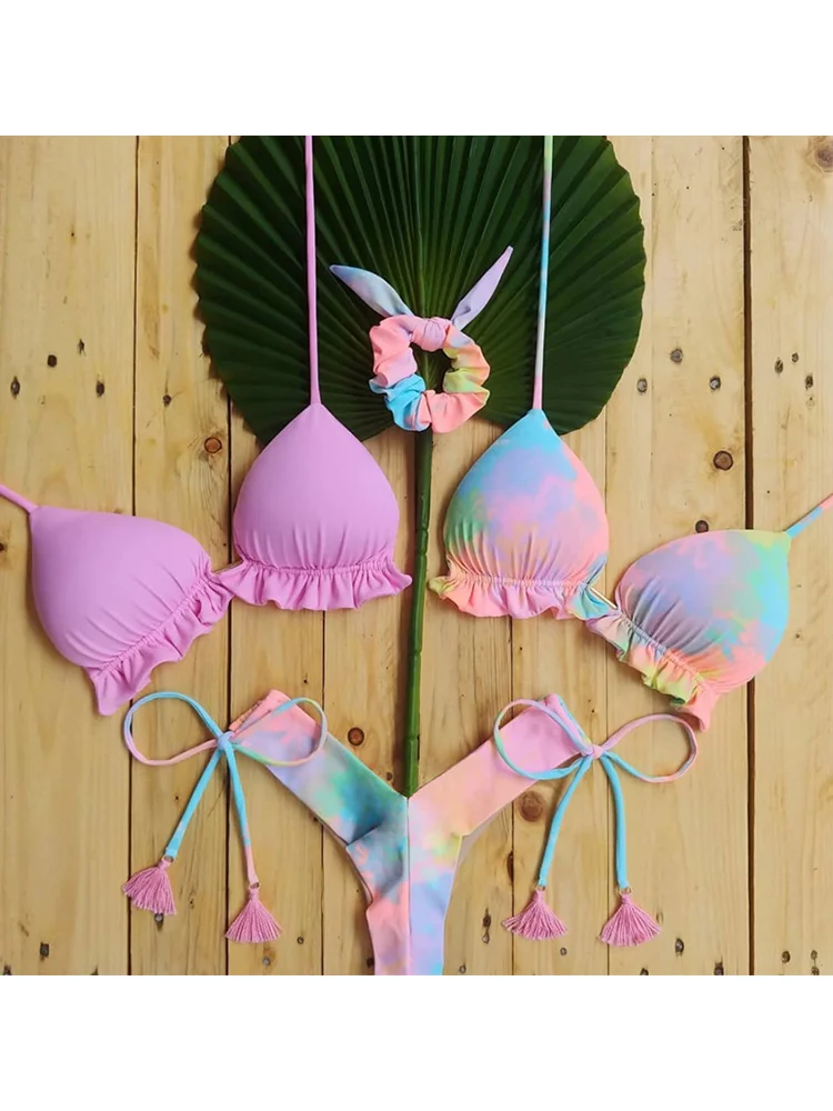 

Треугольное бикини, сексуальный купальник с принтом растений, купальник с оборками, женская летняя пляжная одежда, Бандажное женское бикин...