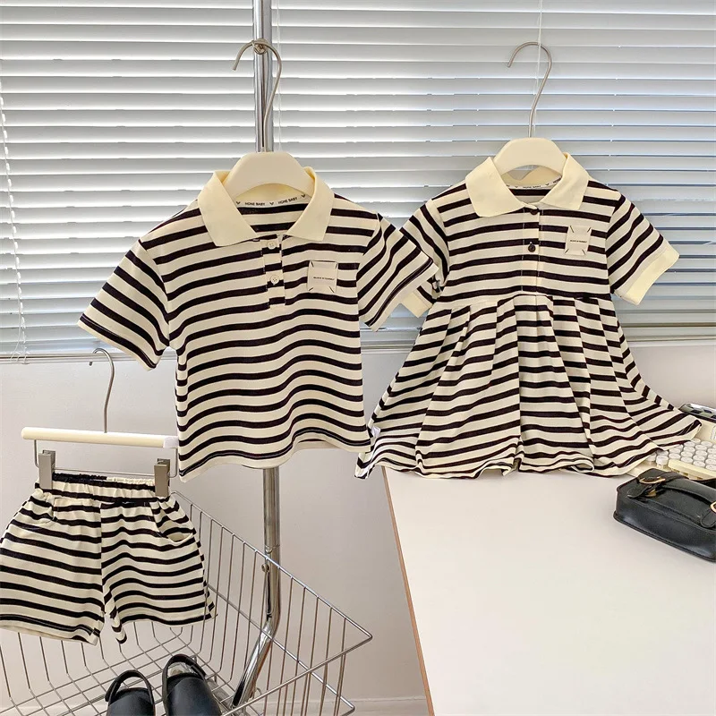 

Summer Children Stripes Outfits Cotton Casual Brother Sister Clothes Sets Polo T-shirts Shorts Boys Girls Lapel Fashion Suits