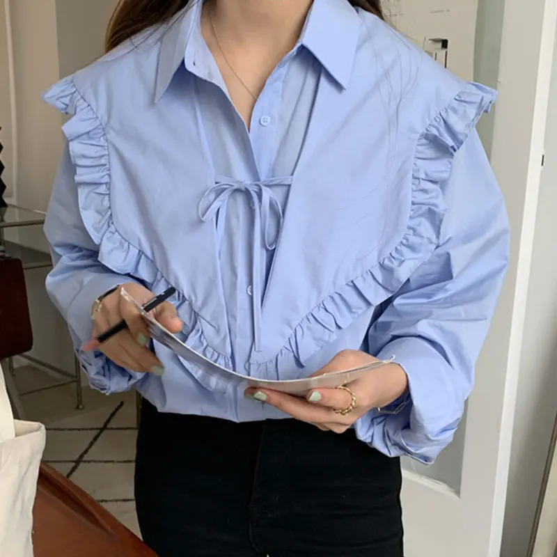 

Новая Корейская Осенняя рубашка-поло VANOVICH с поясом и оборками, дизайнерская рубашка с длинными рукавами, женская элегантная однотонная Пов...