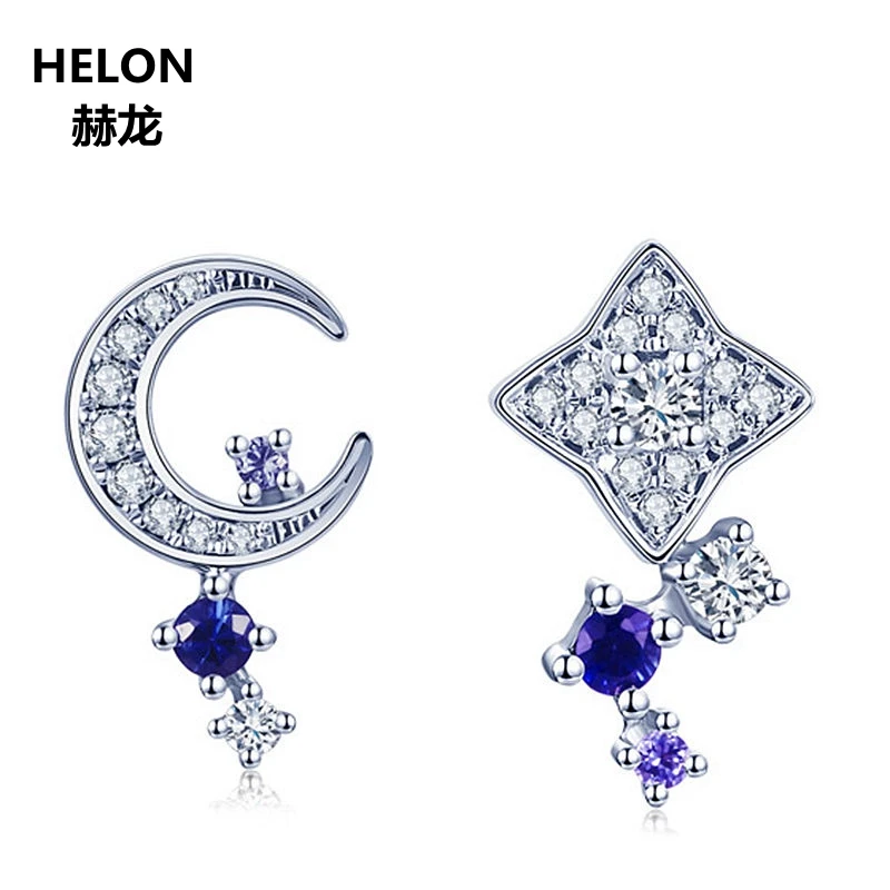 

Solid 14k White Gold Natural Diamonds Blue Spphiares Stud Earrings for Women Moon Star Engagement Wedding Fine Jewelry