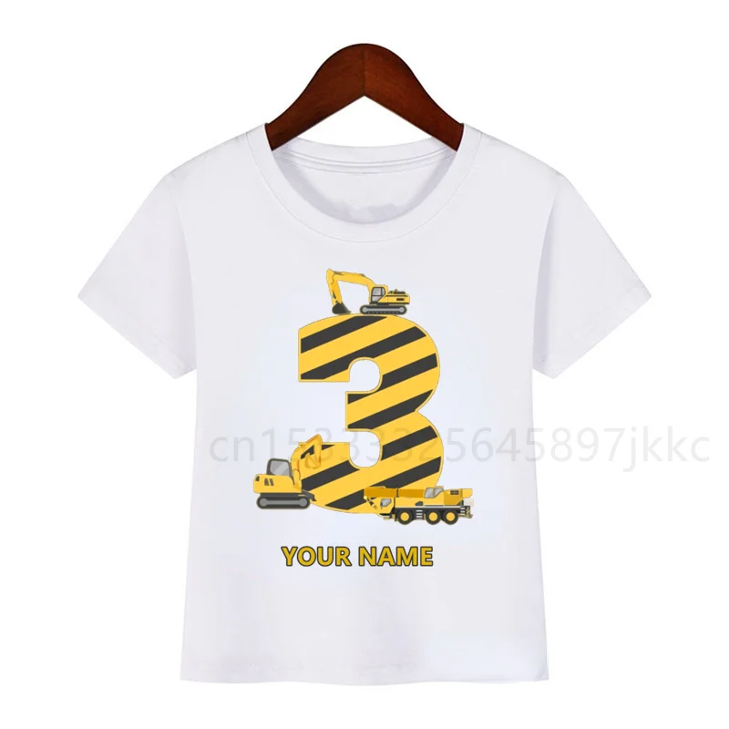 Cartone Animato Per Bambini Escavatore Costruzione Camion Bulldozer Gru Nome Stampa T-Shirt Ragazzo Ragazza Numero Di Compleanno Maglietta Regalo Dive