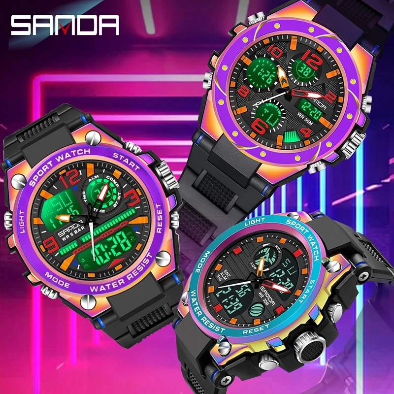 

SANDA Top Brand Men Watch For Men Clock Dual Display Outdoor Military Sports waterproof S shock Symphony bezel Men Watch