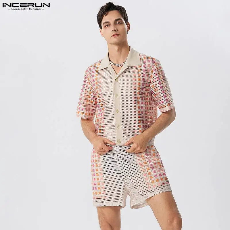 

American Style Men's Sets Vacation Hollowed Mesh Short Sleeved Shirt Shorts Casual See-through Two-piece Sets S-5XL INCERUN 2023