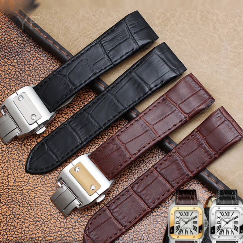 Фото Для Cartier Santos Sandoz Series 24,5 23, 20 мм, водонепроницаемая подложка, твердая стальная пряжка, черный, коричневый ремешок для часов из воловьей кожи №4