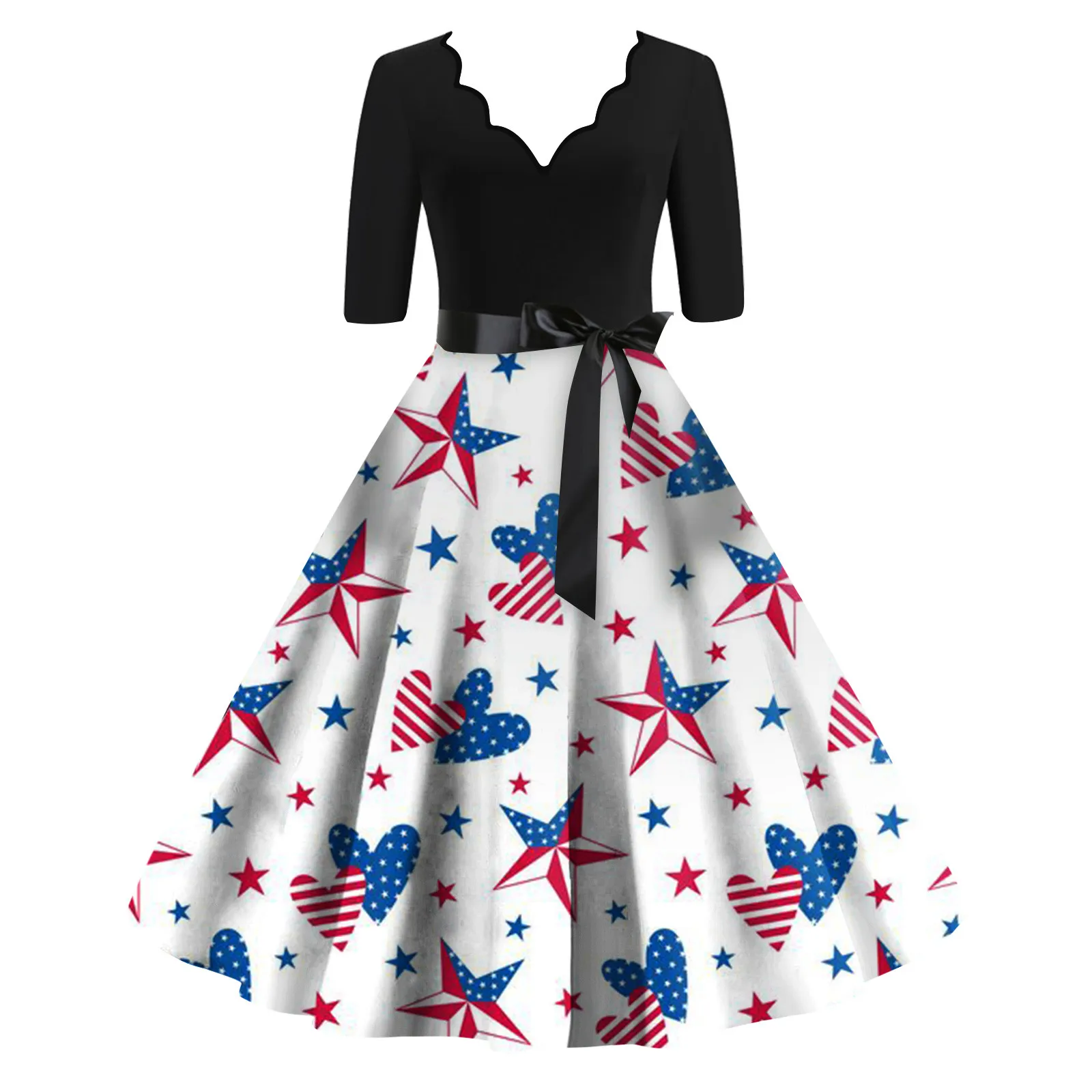 

Women'S Fashion Independence Day Casual Slim Fit Printed V-Neck Seven-Part Sleeve Dress With Belt Evening Dresses Elegant Women