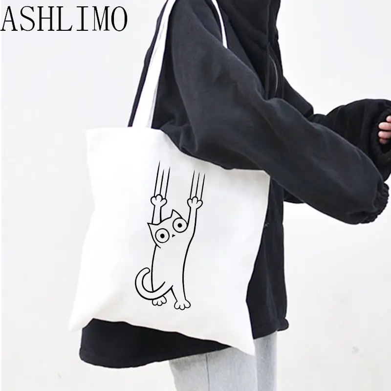 

Tote Bags animal pattern Print black cat funny cute High capacity Canvas Shopping Gift Reusable Shopper Bag Women Fashion Bags