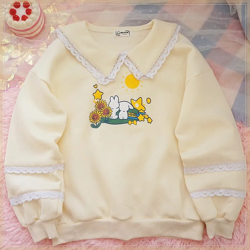 

Japanese Cartoon Print Soft Girl Hoodie Casual Autumn Winter Student Lace Trim Sweet Sweatshirt Lolita Doll collar Pullover Tops