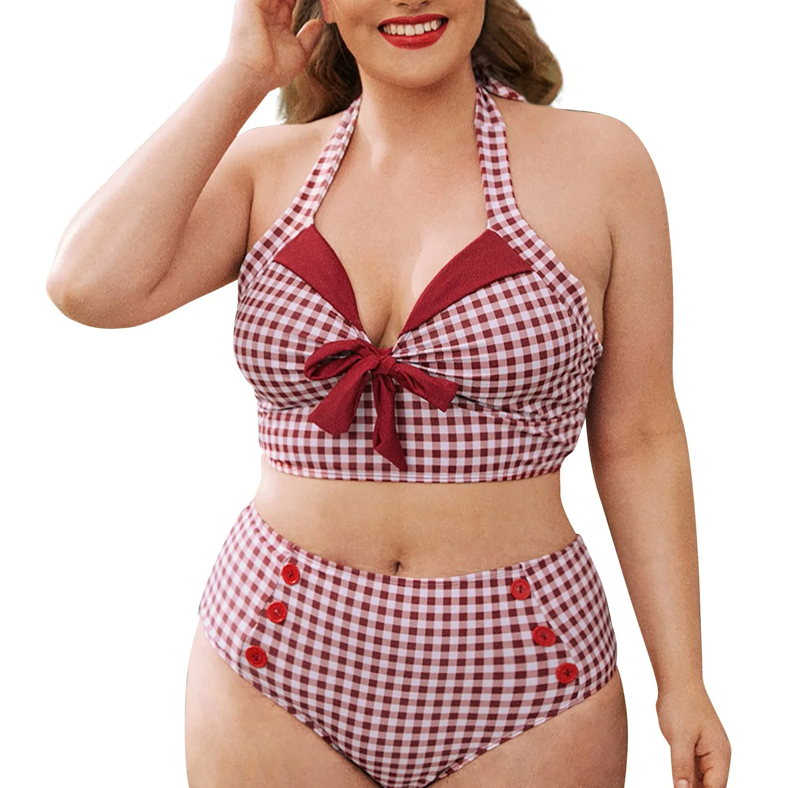 

Women's Lace Up Bikini High Waist Sexy Red Check Two Piece Swimsuit