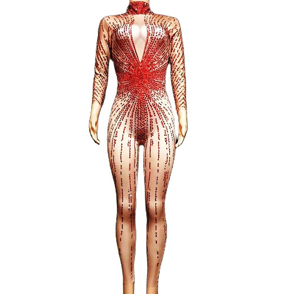 

Sparkling Red Diamonds Bodysuits Turtleneck Long Sleeve Women Jumpsuit Stretch Leotard Nightclub Pole Dancing Stage Costumes