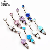g23 titanium luxury navel nail with two inlaid zircon opal internal threads european popular piercing navel ring ornaments