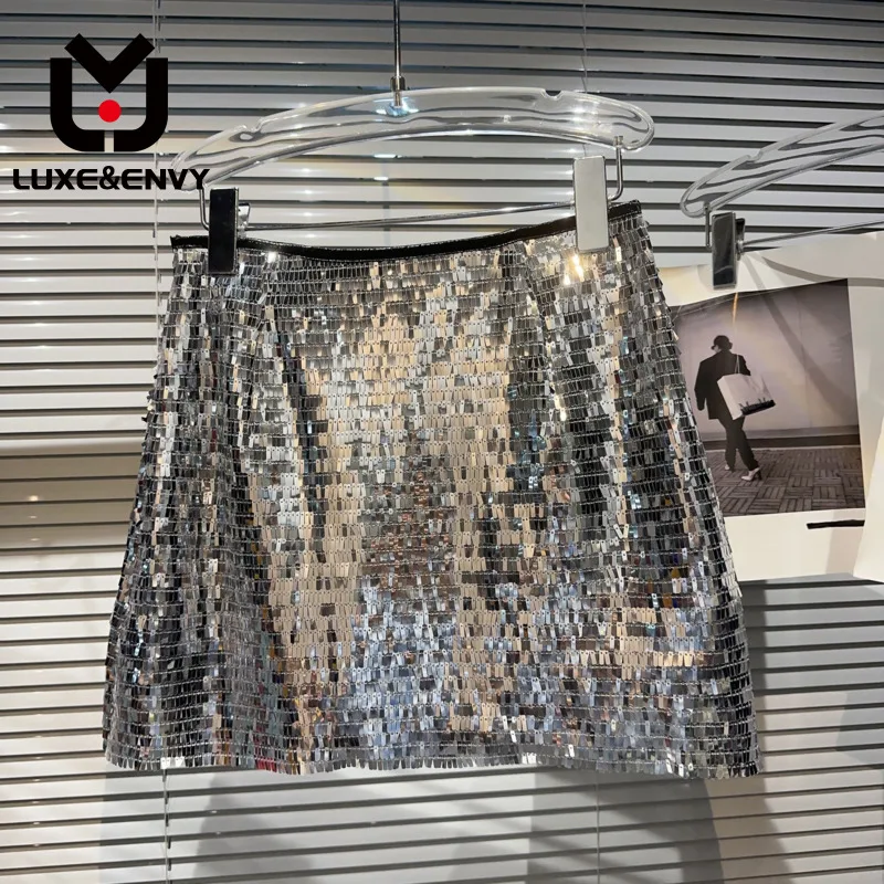 

LUXE&ENVY Mini Skirts Women Sexy Sequins Banquet High Waist Solid Color 2023 Summer New Fashion Trend