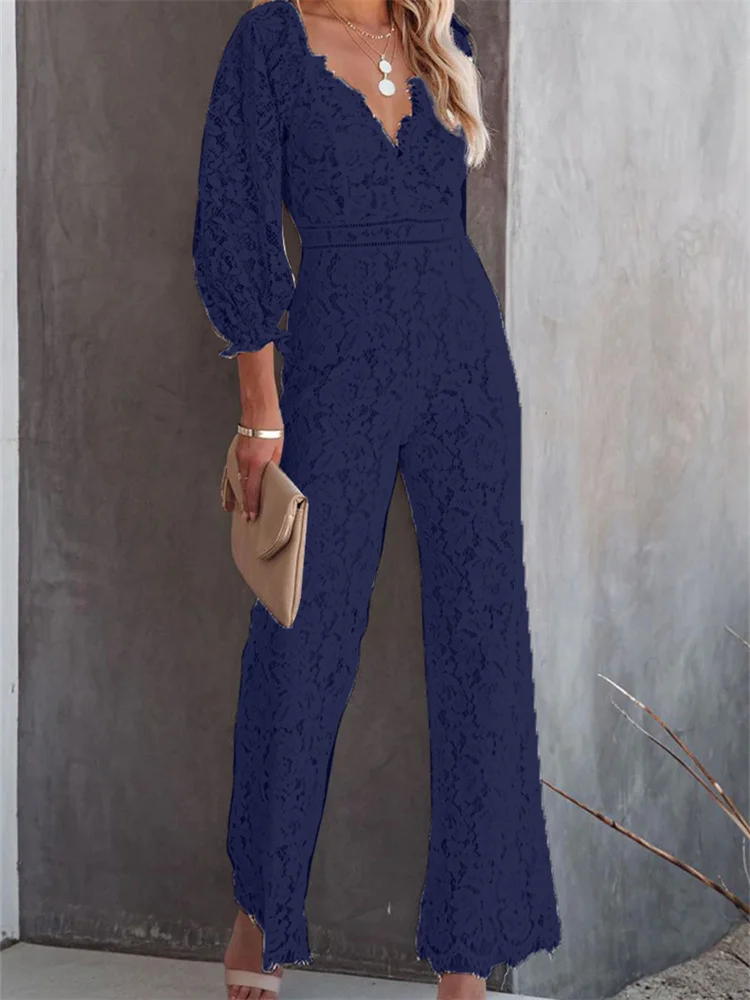 CHRONSTYLE Elegant Women Lace Wide Leg Pants Jumpsuits Solid Color Long Sleeve High Waist V Neck Floral Rompers Streetwear 2023 images - 6