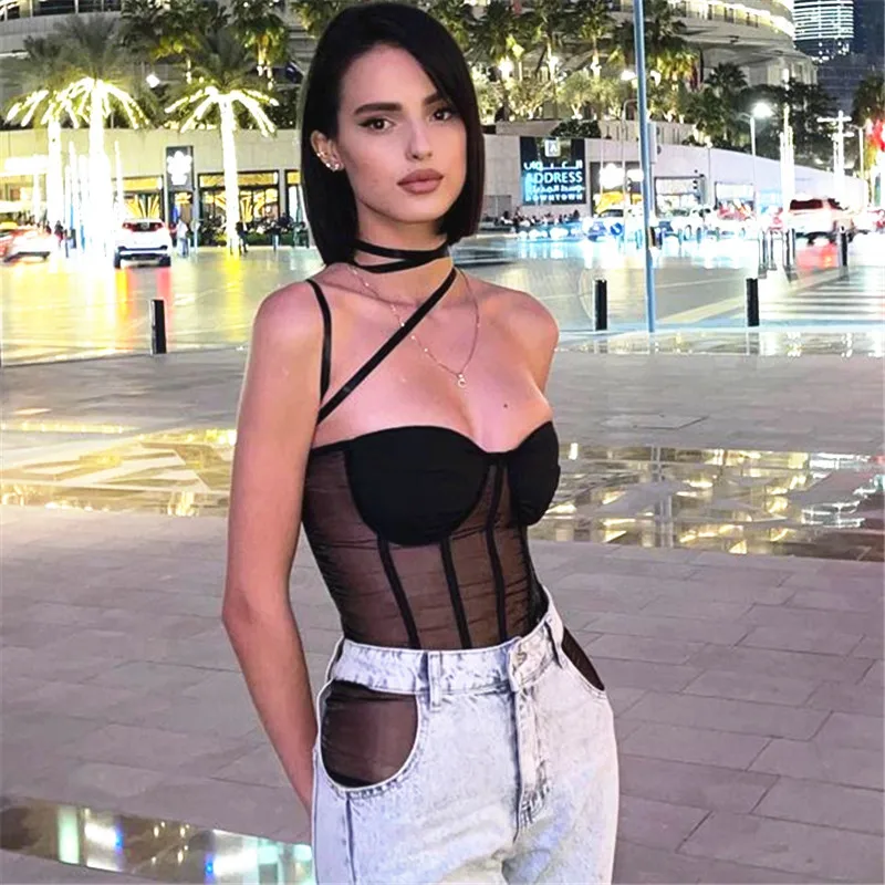 

Женский Асимметричный кружевной сетчатый корсет Combhasaki, без рукавов, на бретельках, с глубоким вырезом, без бретелек, облегающие укороченные...