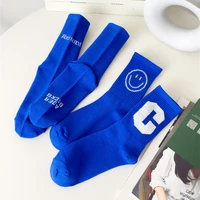 korea trend pure royalblue woman sock new design spring autumn smile letter c casual sports all match couples funny socks female