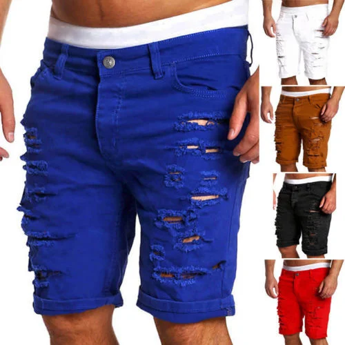 

Men's Fasion ollow Out Destroyed Ripped Denim Sorts Casual Solid Wased Denim Trousers Men Knee Lent Sort Jeans