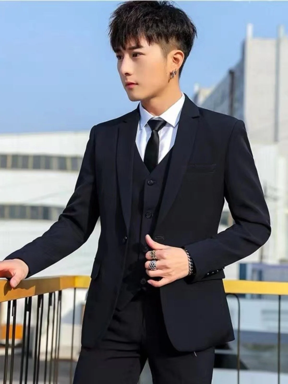 Solid Black Suit Men's Outerwear Autumn and Winter Fleece-lined Thickened Top Korean Sle Slim fit Business Casual Small Sui...